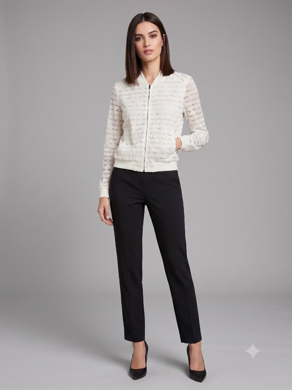 BCBGMAXAZRIA Ivory Sheer Lace Zip-Up Bomber Jacket Size L